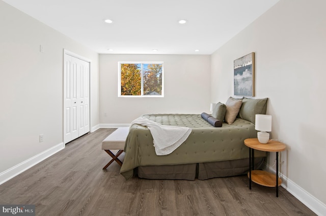 bedroom featuring hardwood / wood-style floors and a closet