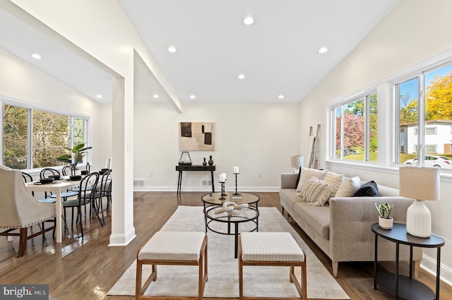 living room with lofted ceiling and dark hardwood / wood-style flooring