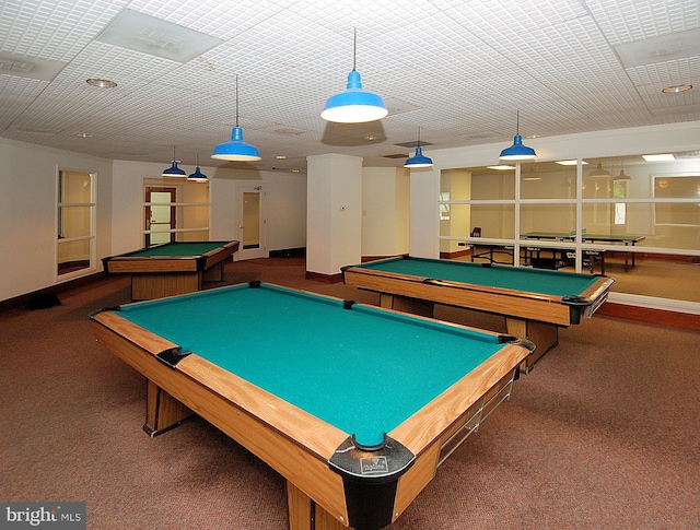 game room with dark carpet and pool table