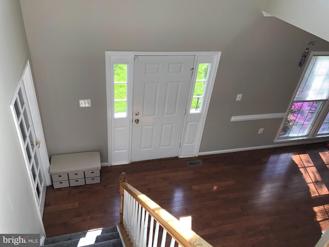 entryway with dark wood-type flooring, plenty of natural light, and lofted ceiling