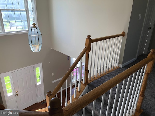 stairs featuring wood-type flooring and a healthy amount of sunlight