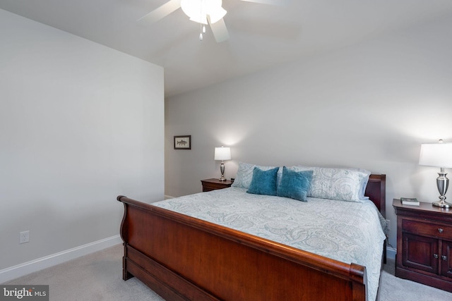 bedroom with light colored carpet and ceiling fan