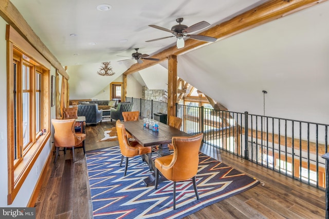 dining area with ceiling fan, lofted ceiling, and dark hardwood / wood-style floors