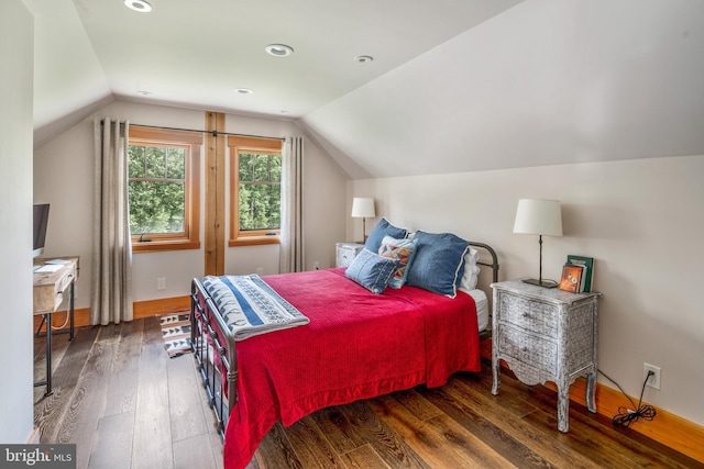 bedroom featuring dark wood-type flooring and lofted ceiling