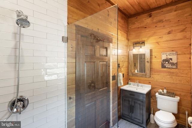 bathroom featuring walk in shower, vanity, wood ceiling, wood walls, and toilet