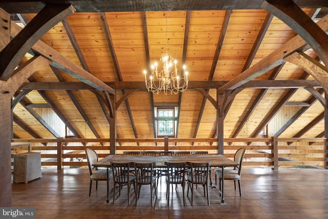 unfurnished dining area with vaulted ceiling with beams, dark hardwood / wood-style flooring, and wooden ceiling