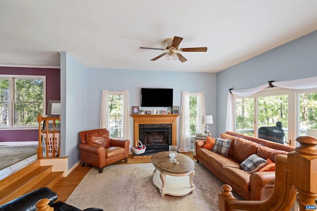 living room with ceiling fan, hardwood / wood-style flooring, a premium fireplace, and a healthy amount of sunlight