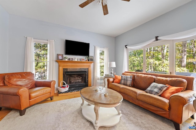 living room with ceiling fan and hardwood / wood-style floors