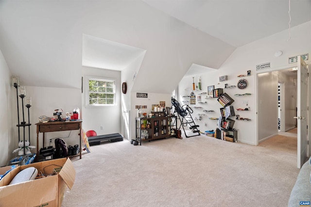 misc room with lofted ceiling and carpet flooring