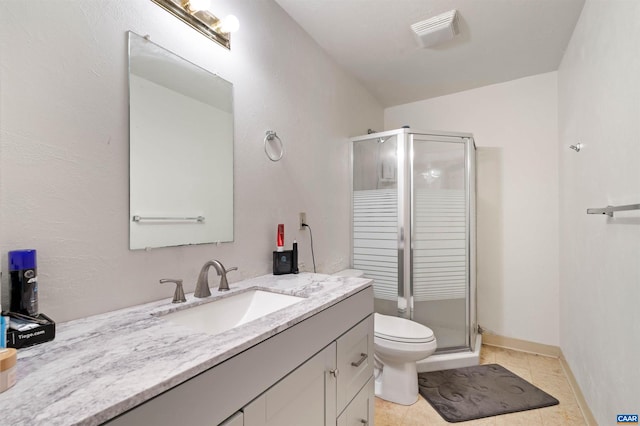 bathroom featuring tile patterned flooring, a shower with shower door, vanity, and toilet