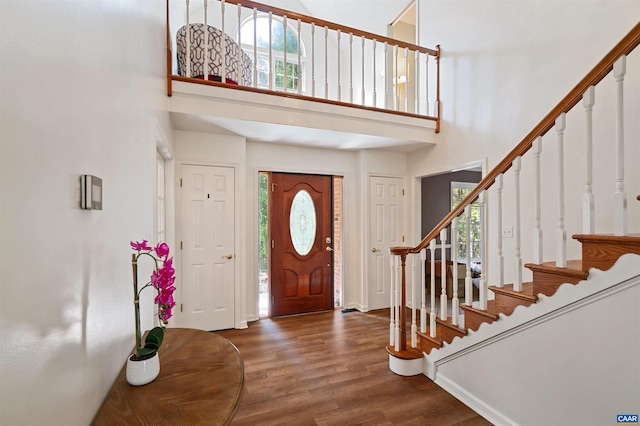 foyer featuring a towering ceiling, dark hardwood / wood-style floors, and a healthy amount of sunlight