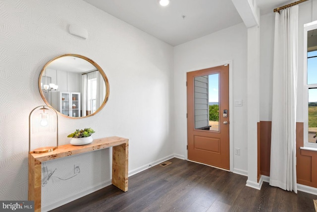 foyer entrance featuring dark wood-style flooring, a wealth of natural light, and baseboards
