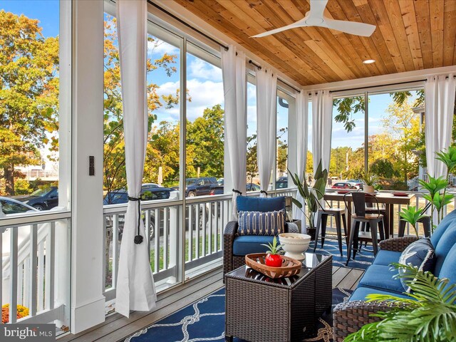 sunroom with ceiling fan and wood ceiling