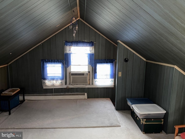 additional living space with lofted ceiling, wood walls, cooling unit, and wood ceiling