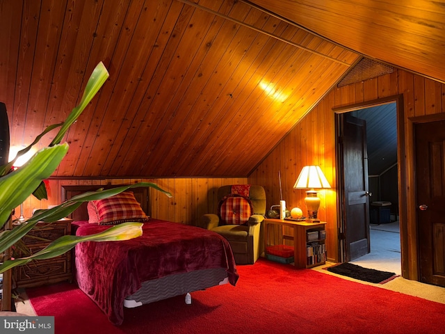 bedroom with lofted ceiling, wood walls, carpet, and wooden ceiling