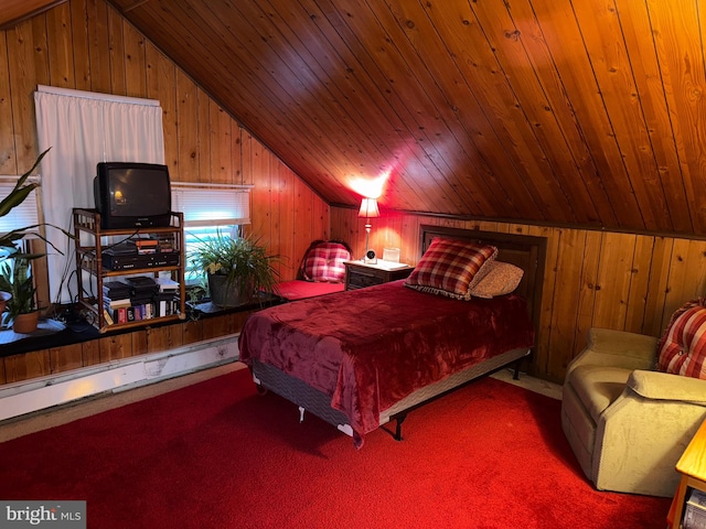 bedroom featuring carpet floors, wooden ceiling, baseboard heating, wooden walls, and lofted ceiling