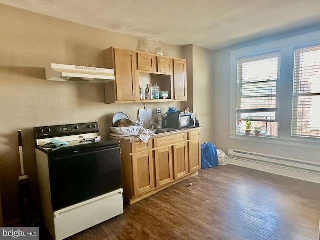 kitchen featuring white electric range oven, dark wood-type flooring, a baseboard heating unit, and range hood