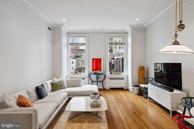 living room with crown molding, radiator, and light wood-type flooring