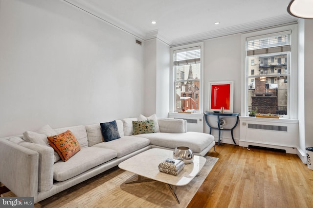 living room featuring crown molding, radiator heating unit, and light hardwood / wood-style floors