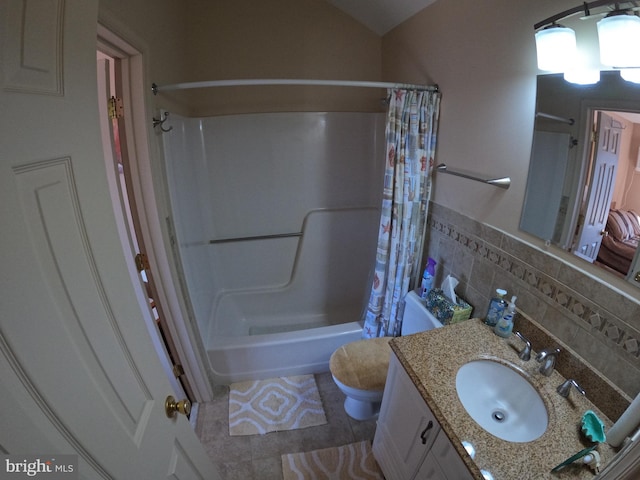 full bathroom featuring vanity, tasteful backsplash, shower / bathtub combination with curtain, tile patterned floors, and toilet