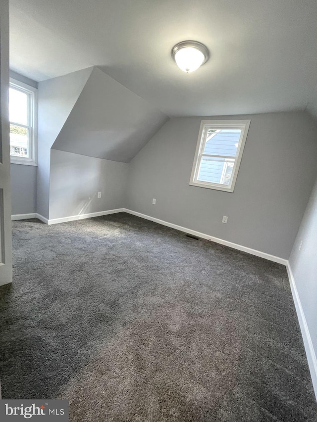 additional living space with dark carpet, lofted ceiling, and a wealth of natural light