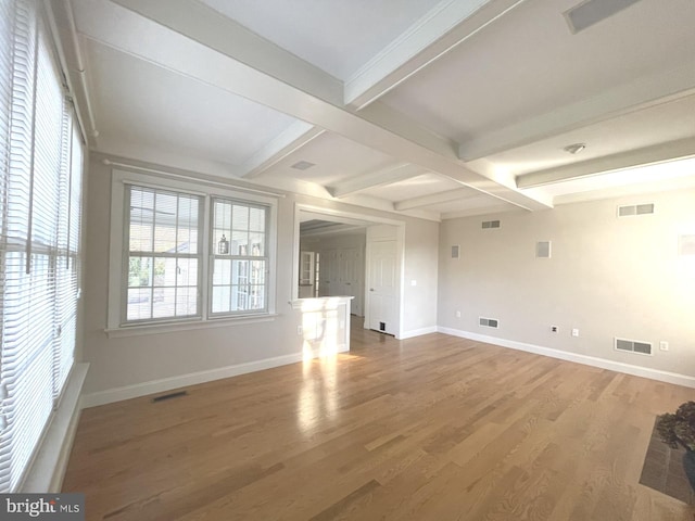 unfurnished living room featuring hardwood / wood-style flooring and beam ceiling