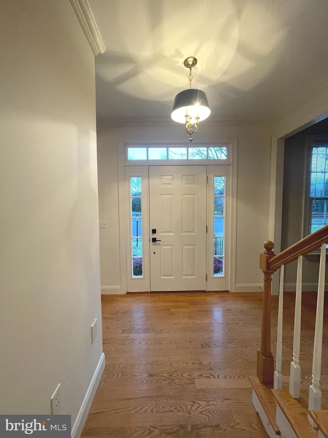 entryway featuring hardwood / wood-style floors and ornamental molding