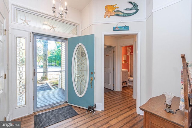 foyer entrance with a notable chandelier and hardwood / wood-style flooring