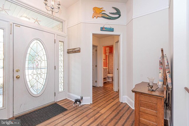 foyer featuring wood-type flooring and a chandelier