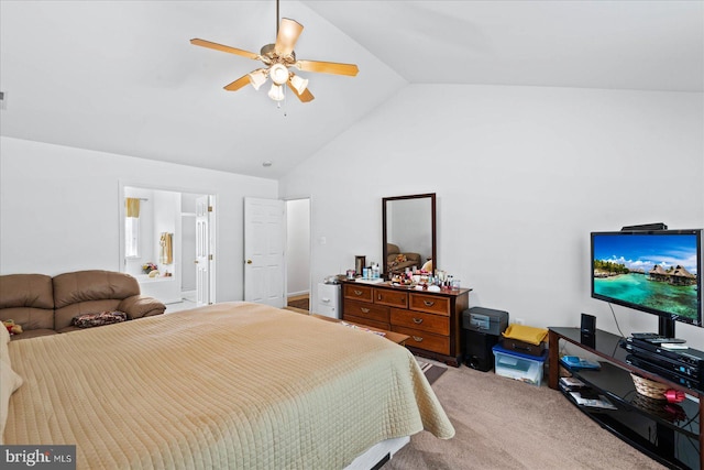 carpeted bedroom featuring ensuite bath, lofted ceiling, and ceiling fan