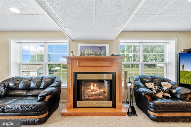 carpeted living room with a paneled ceiling and a wealth of natural light