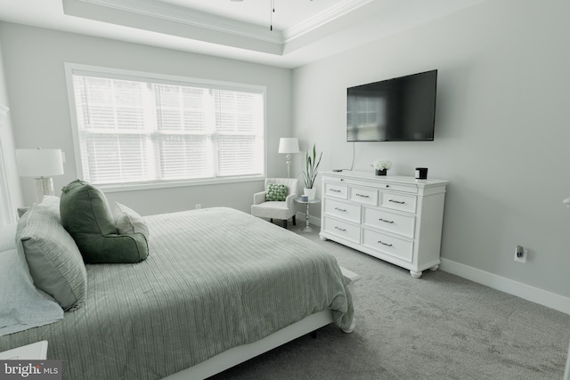 carpeted bedroom with a tray ceiling and ornamental molding