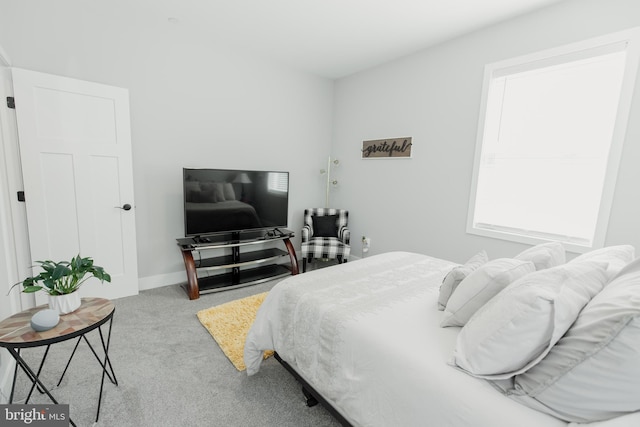 bedroom with light colored carpet