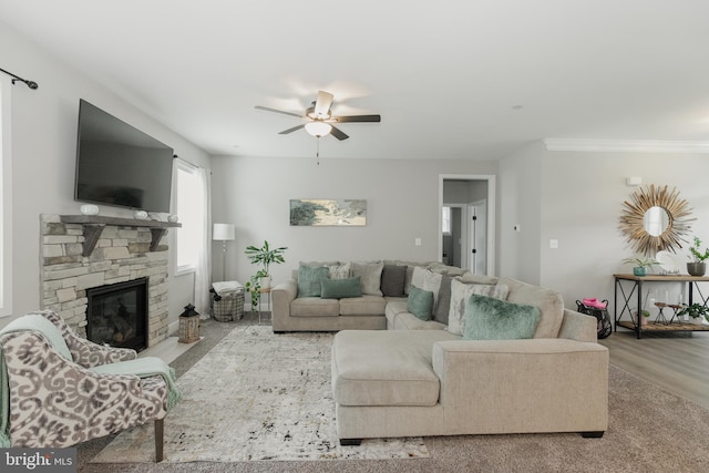 living room featuring light wood-type flooring, a fireplace, ceiling fan, and crown molding