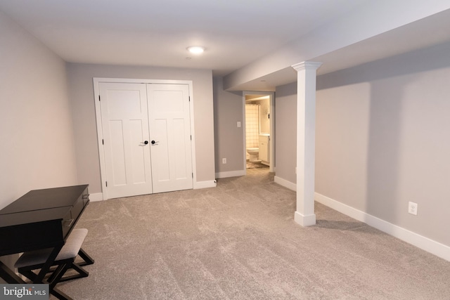 interior space with a closet and light colored carpet