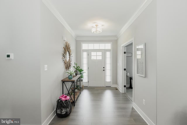 entrance foyer with wood-type flooring and crown molding