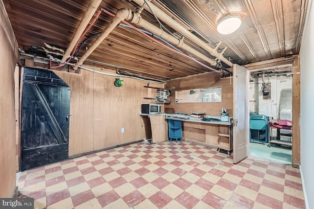 basement featuring wood walls and wooden ceiling