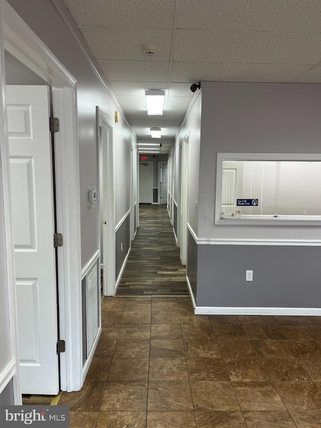 corridor featuring a drop ceiling and dark hardwood / wood-style flooring