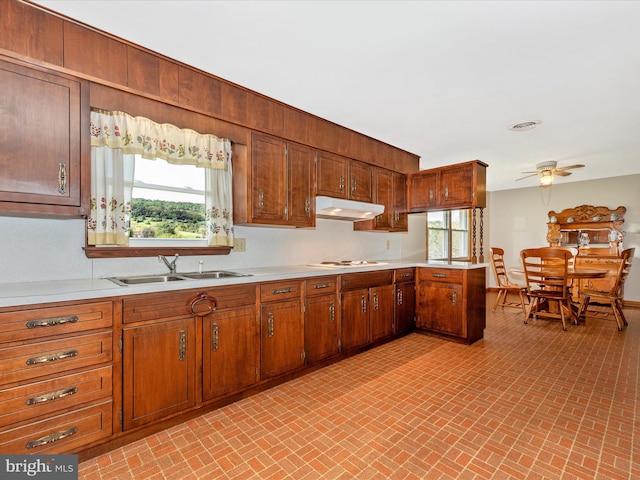 kitchen featuring white stovetop, sink, a wealth of natural light, and ceiling fan