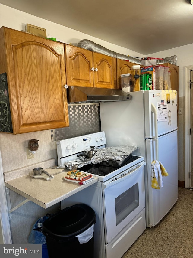 kitchen with ventilation hood, white range with electric stovetop, and decorative backsplash