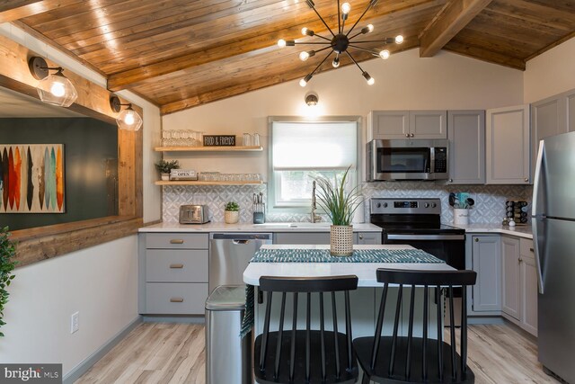 kitchen with a chandelier, gray cabinets, lofted ceiling with beams, and appliances with stainless steel finishes