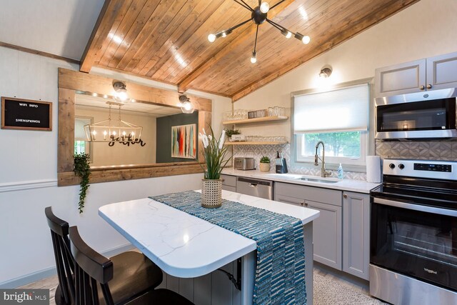 kitchen with a sink, a chandelier, stainless steel appliances, and decorative backsplash