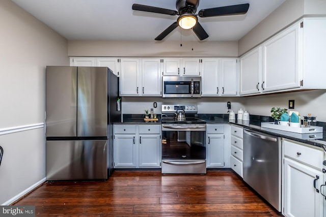 kitchen featuring white cabinetry, ceiling fan, appliances with stainless steel finishes, and dark hardwood / wood-style floors