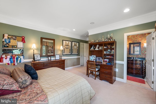 bedroom featuring light colored carpet and ornamental molding