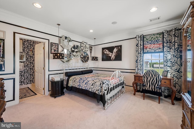 carpeted bedroom with crown molding