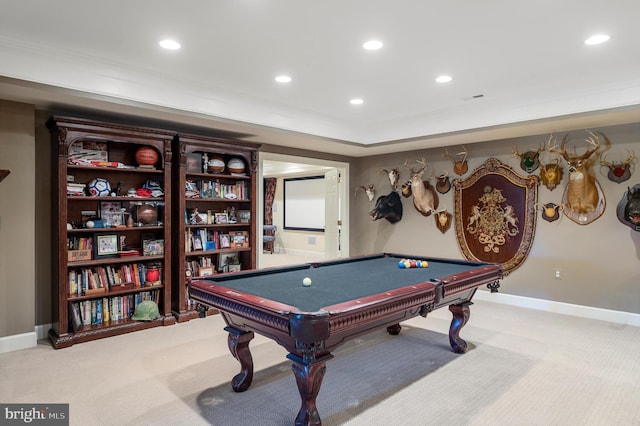 rec room featuring light colored carpet and billiards