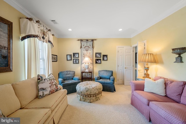living area featuring carpet floors, crown molding, visible vents, and recessed lighting