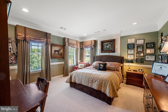 carpeted bedroom featuring recessed lighting, visible vents, and ornamental molding