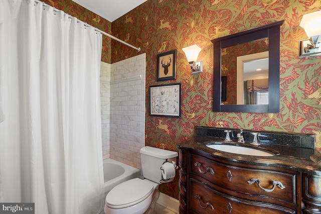 bathroom with shower / bath combo, wallpapered walls, vanity, baseboards, and toilet
