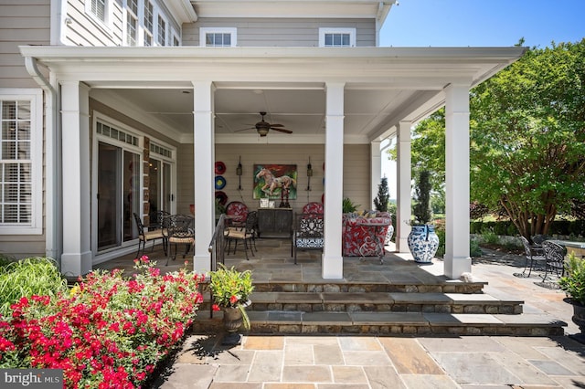 view of patio / terrace featuring a ceiling fan and a porch